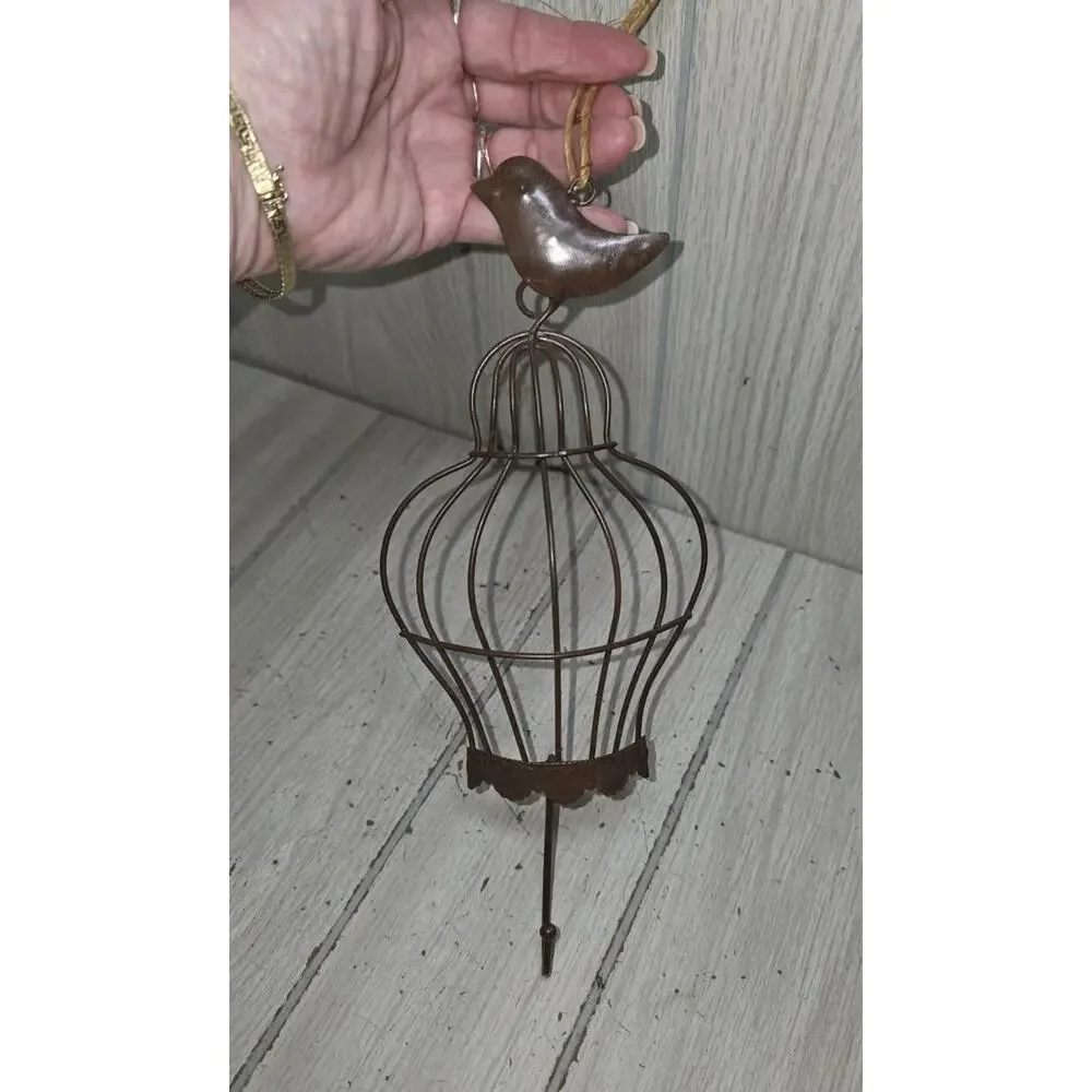 Vtg Bird On Cage Coat Hook Hat Towel Dog/Cat Leash Hanger Metal Cottagecore